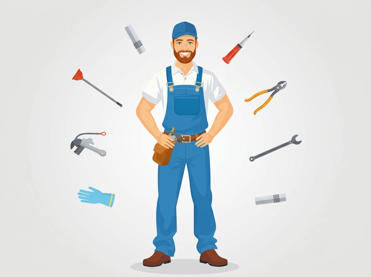 Schematisches Bild eines Allround-Handwerkers mit vielen verschiedenen Werkzeugen.